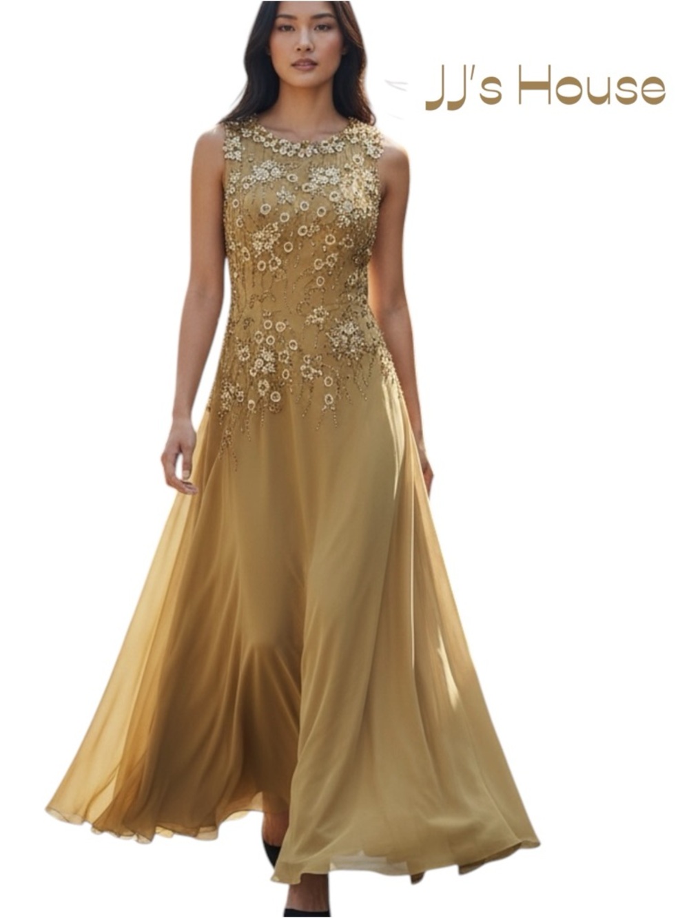 JJs House Gold Embroidered Evening Maxi Dress With Train NWT Size 8